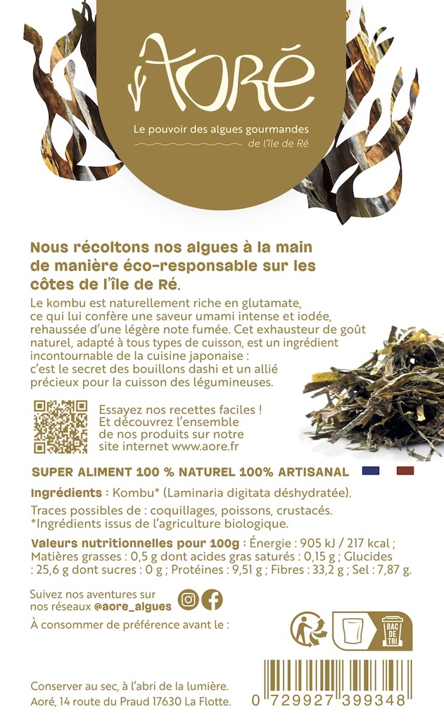 Algues déshydratées Kombu Bio 20g